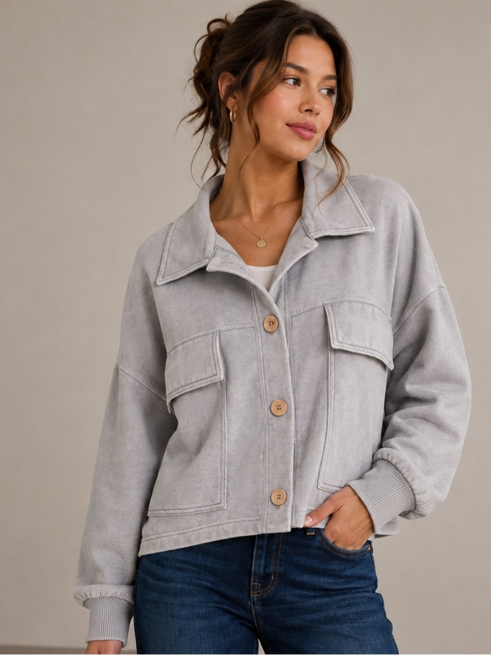 984. Women's Light Gray Sleet Acid Washed Fleece Shacket